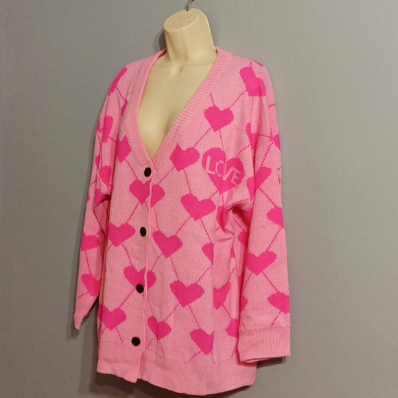 Shein Plus pink with pink  heart pattern drop shoulder cardigan duster s… - Picture 3 of 17